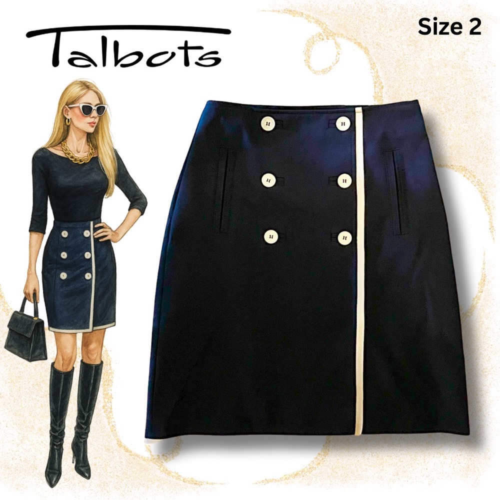 Talbots Navy Dark Blue A-line Skirt, White Ivory Button and Trim Accents, size 2